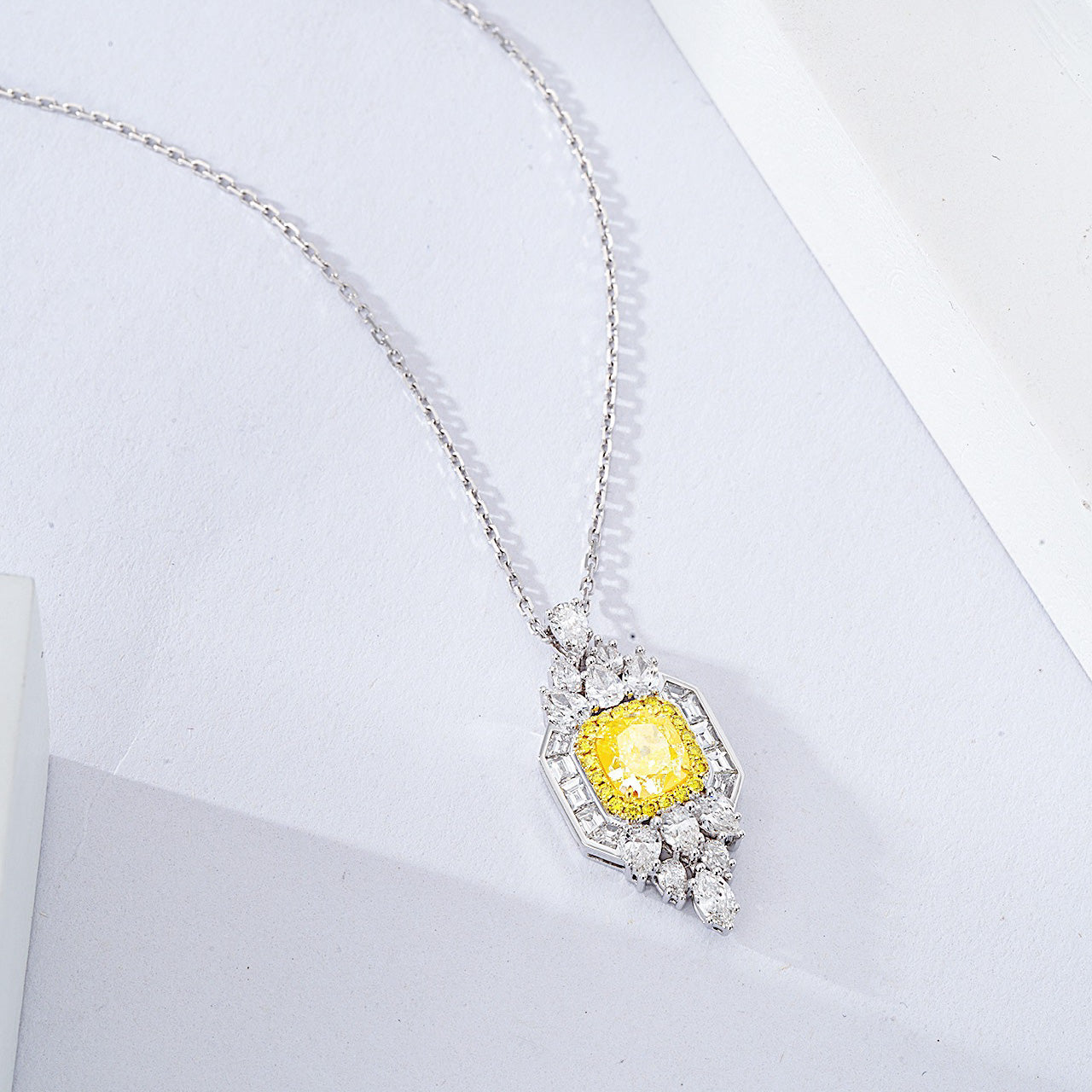 Cushion Cut Yellow Diamond Designer Pendant in 18K White Gold -Side Angle