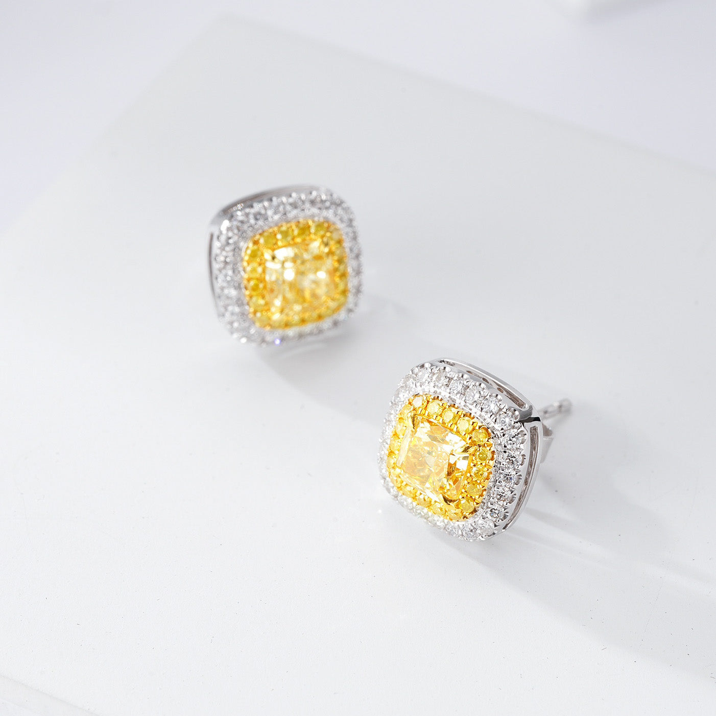 Cushion Cut Yellow Diamond Halo Stud Earrings in 18K White Gold -Top View