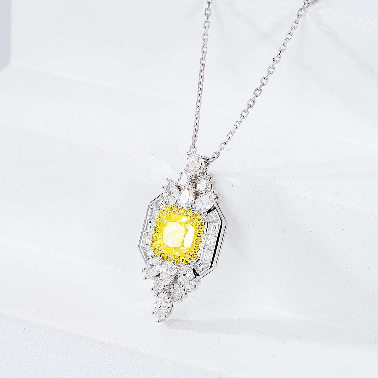 Cushion Cut Yellow Diamond Designer Pendant in 18K White Gold -Top View