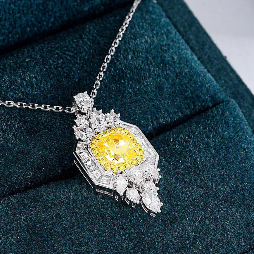 Cushion Cut Yellow Diamond Designer Pendant in 18K White Gold -Perspective Close-up