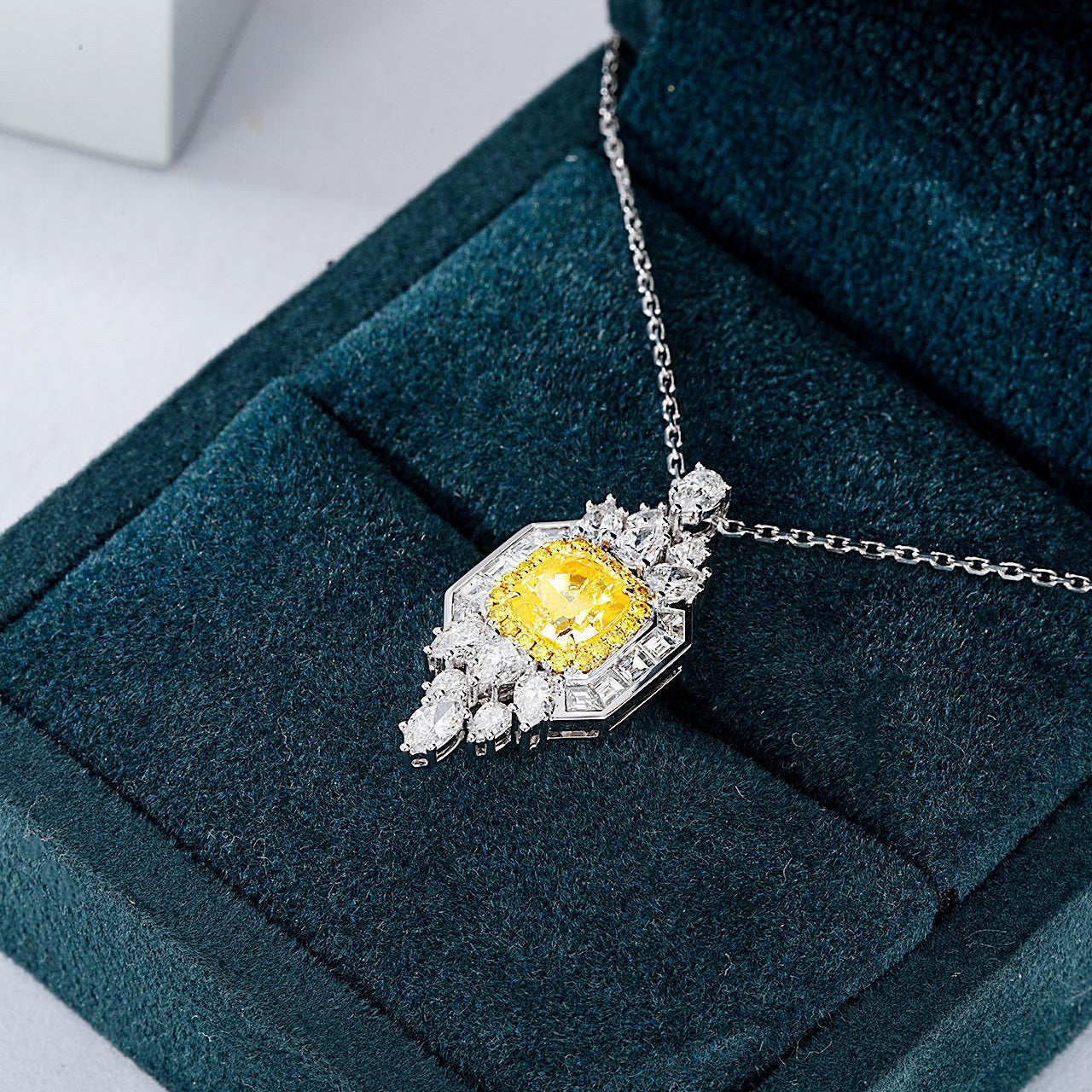 Cushion Cut Yellow Diamond Designer Pendant in 18K White Gold -In-Box Display