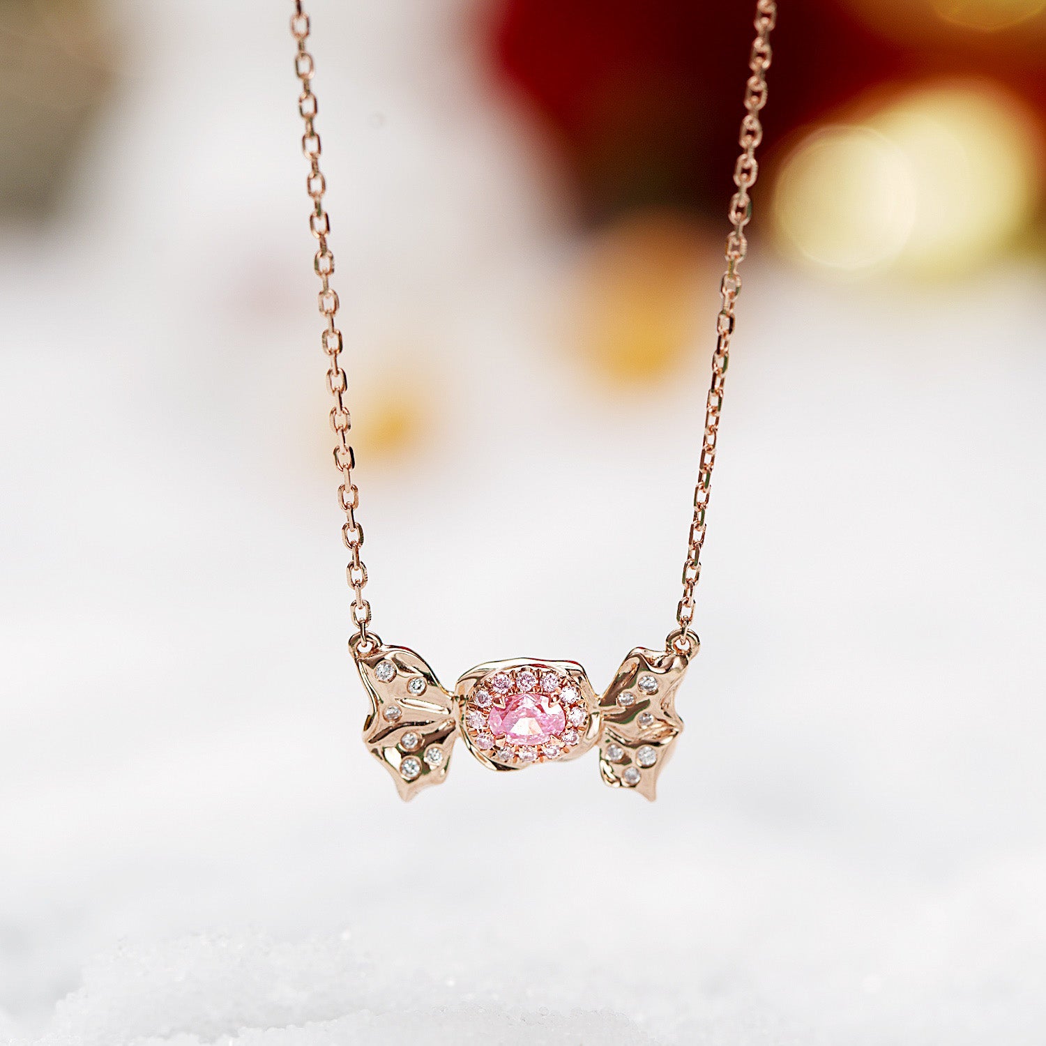 Pink Diamond Christmas Candy Pendant in 18K Rose Gold -Front View