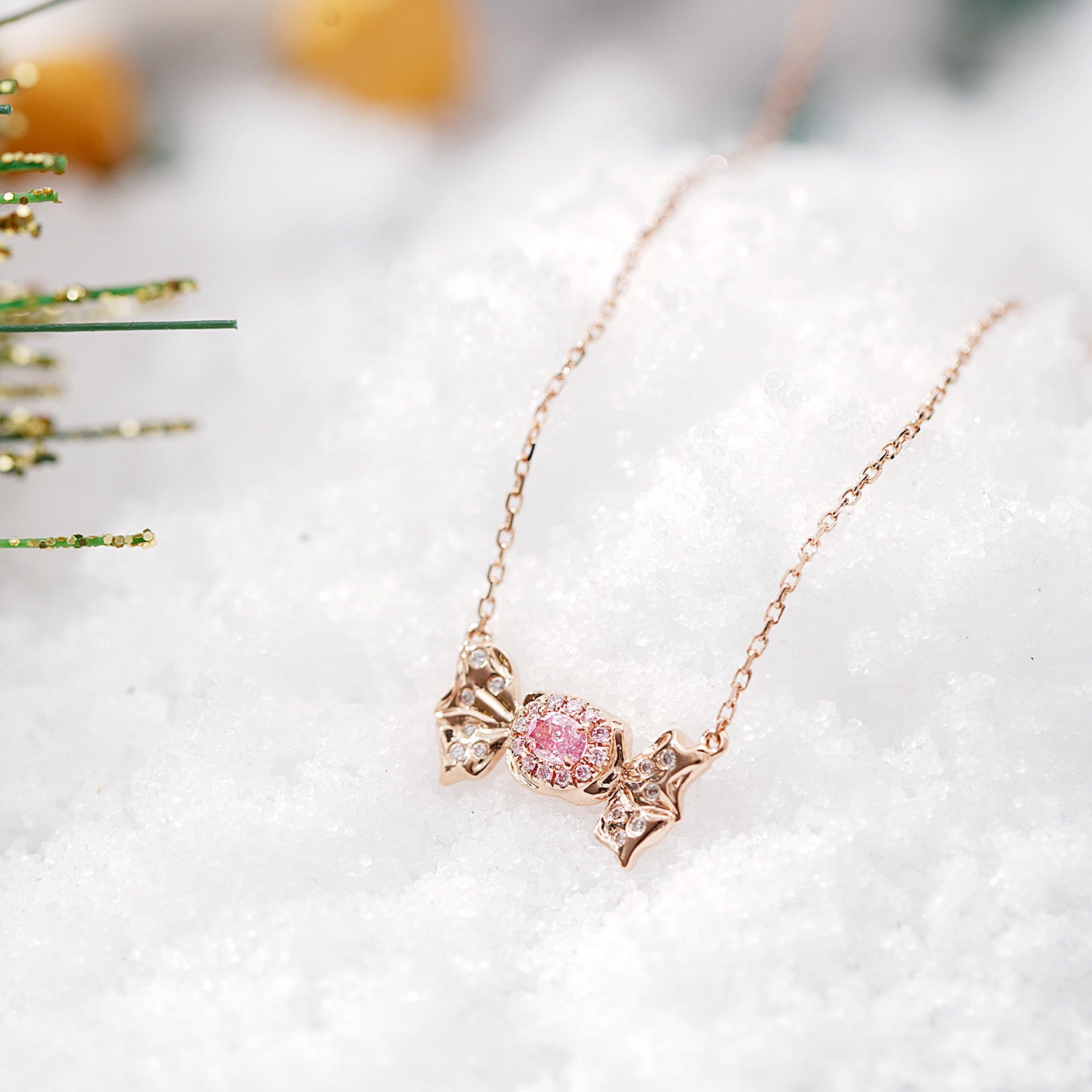 Pink Diamond Christmas Candy Pendant in 18K Rose Gold -Side Angle