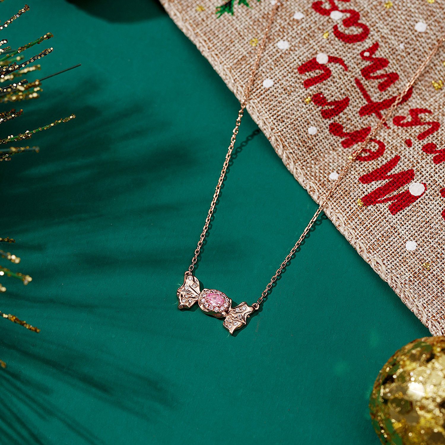 Pink Diamond Christmas Candy Pendant in 18K Rose Gold -Top View