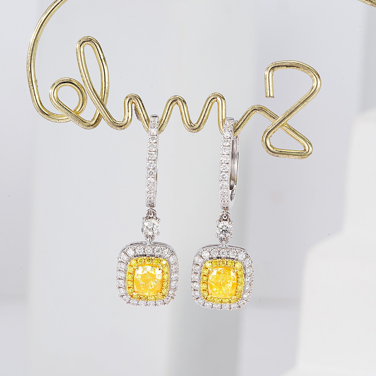 Cushion Cut Yellow Diamond Halo Drop Earrings in White Gold -Front View