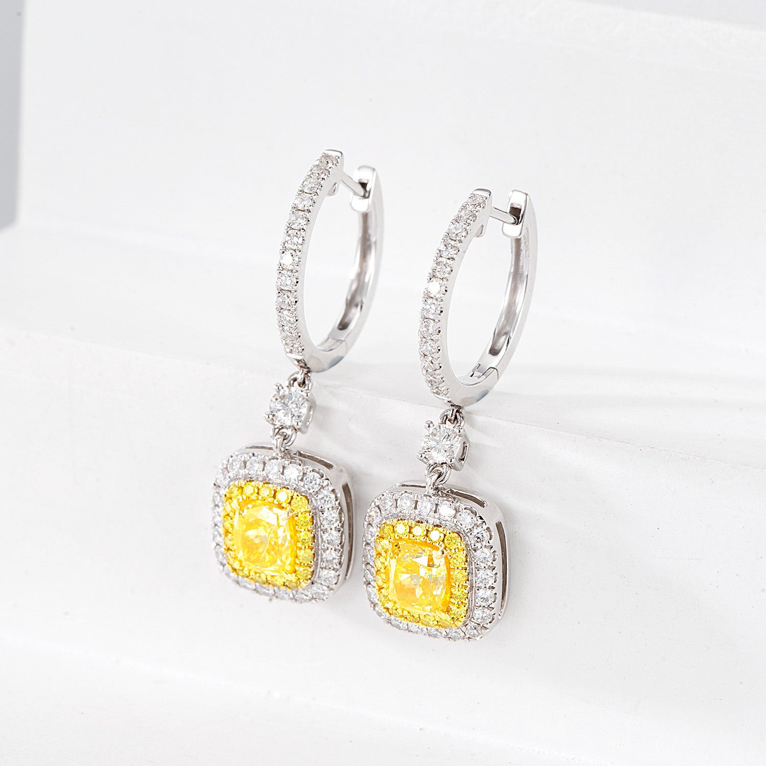 Cushion Cut Yellow Diamond Halo Drop Earrings in White Gold -Top View