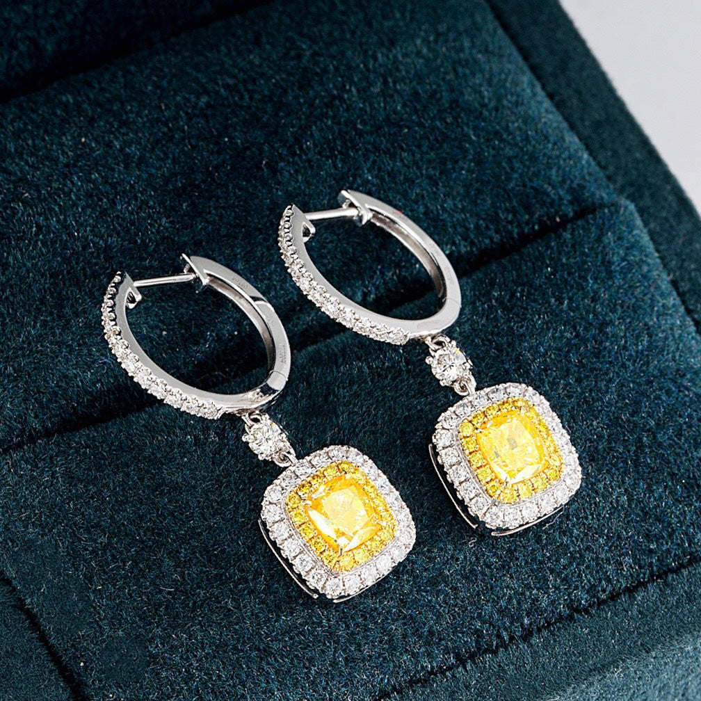 Cushion Cut Yellow Diamond Halo Drop Earrings in White Gold -Perspective Close-up