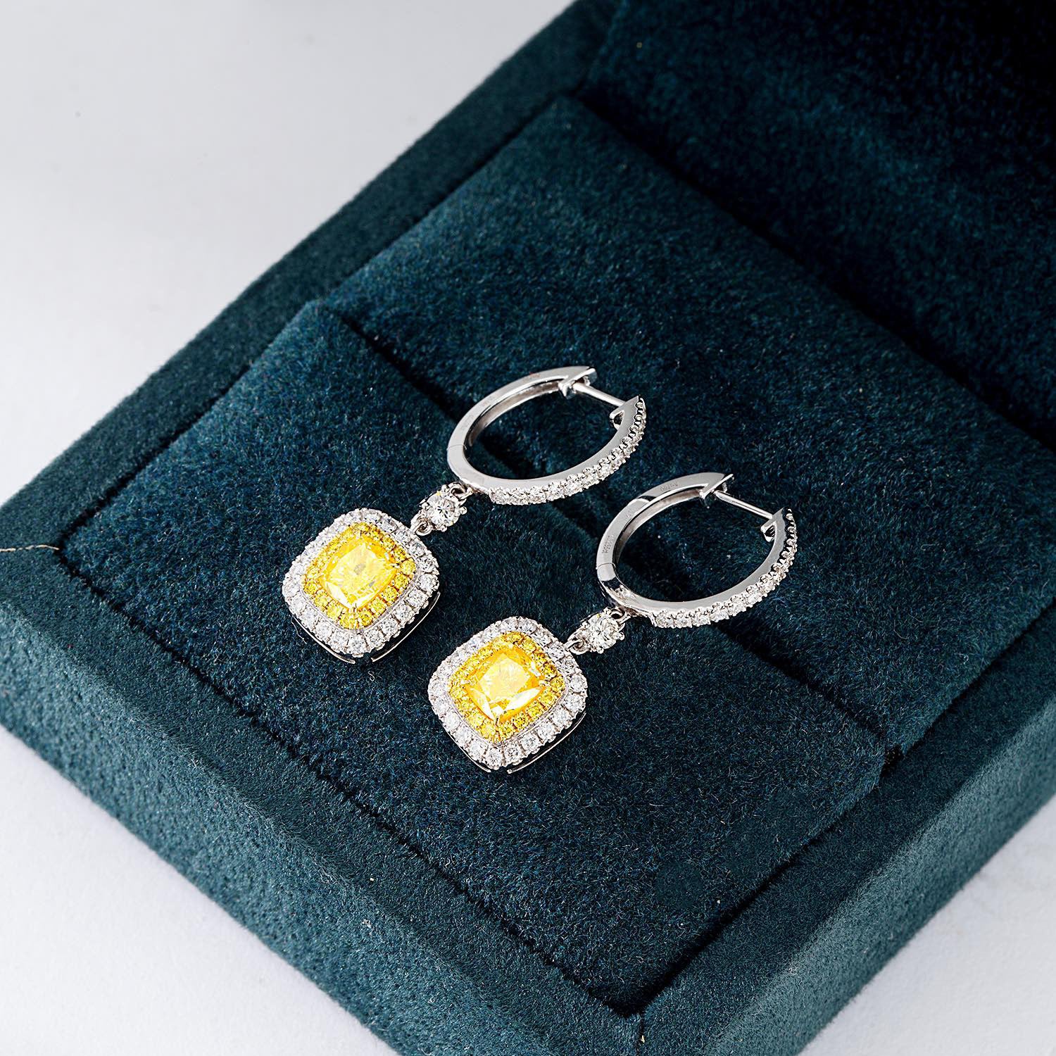 Cushion Cut Yellow Diamond Halo Drop Earrings in White Gold -In-Box Display