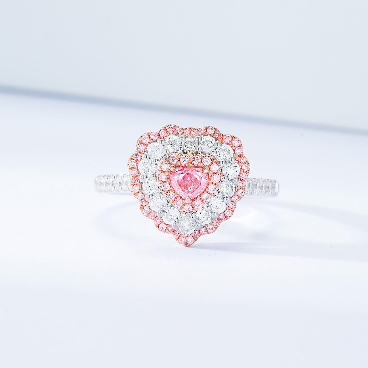 Heart Shaped Pink Diamond Halo Ring with Pavé Setting -Front View