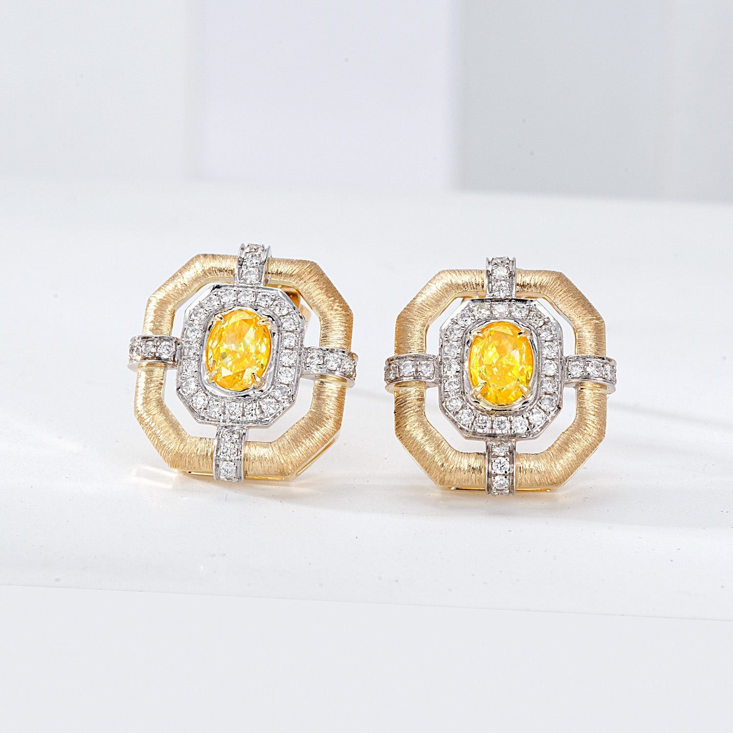 Cushion Cut Yellow Diamond Stud Earrings in Gold and White Gold -Front View