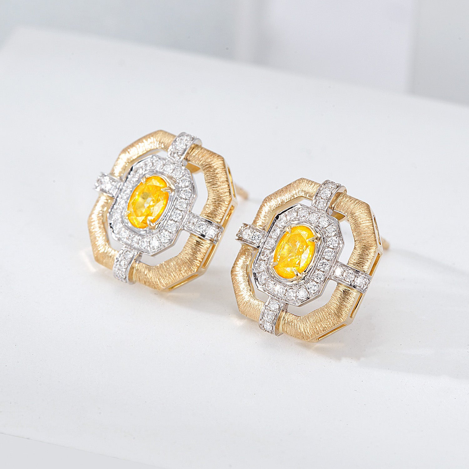 Cushion Cut Yellow Diamond Stud Earrings in Gold and White Gold -Side Angle