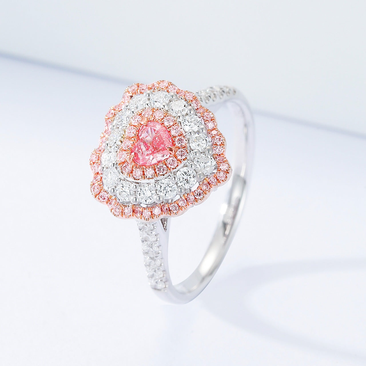 Heart Shaped Pink Diamond Halo Ring with Pavé Setting -Side Angle