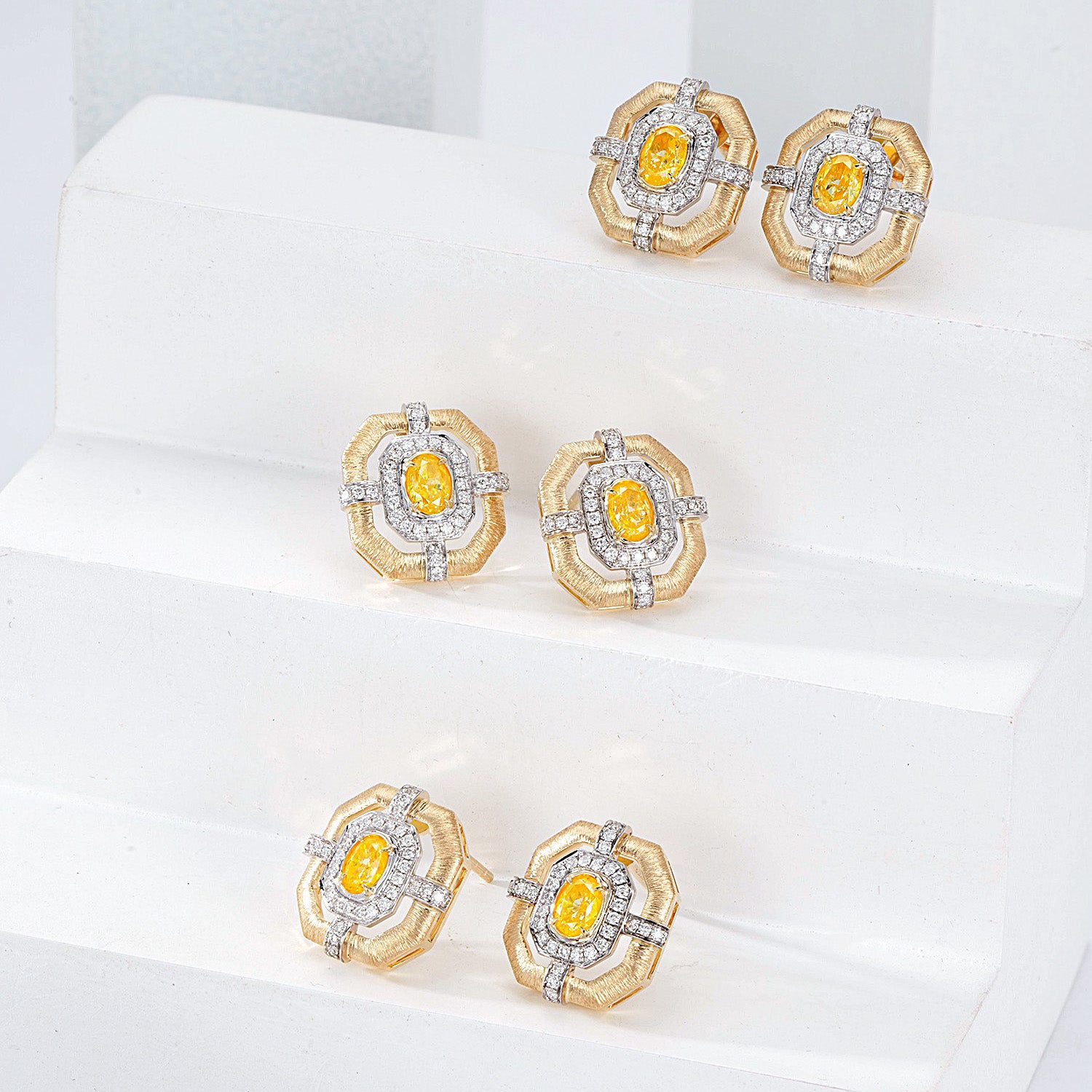 Cushion Cut Yellow Diamond Stud Earrings in Gold and White Gold -Top View