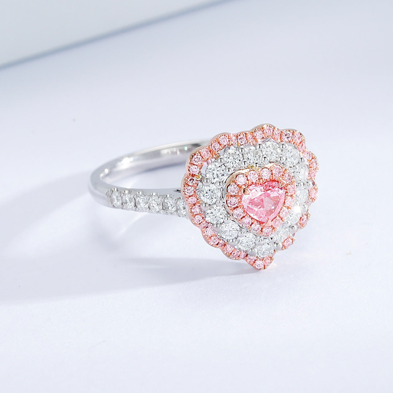 Heart Shaped Pink Diamond Halo Ring with Pavé Setting -Top View