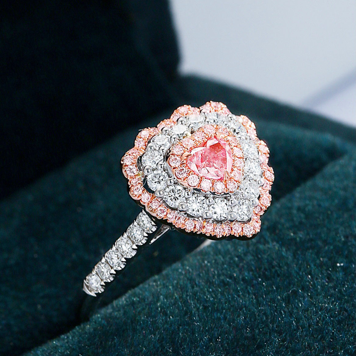 Heart Shaped Pink Diamond Halo Ring with Pavé Setting -Perspective Close-up