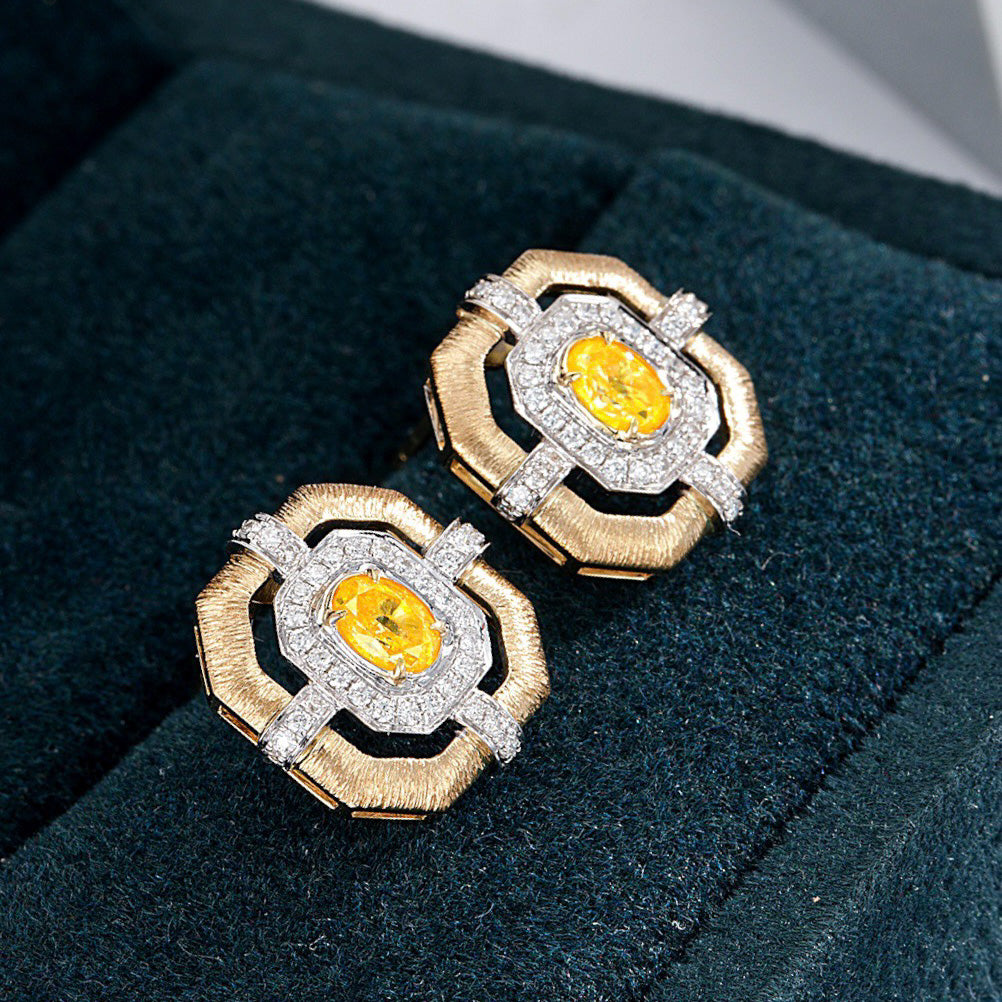 Cushion Cut Yellow Diamond Stud Earrings in Gold and White Gold -Perspective Close-up