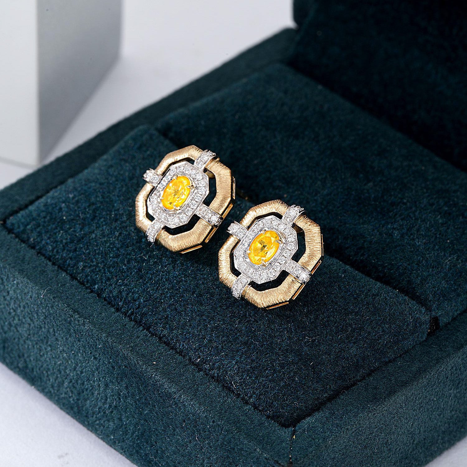 Cushion Cut Yellow Diamond Stud Earrings in Gold and White Gold -In-Box Display