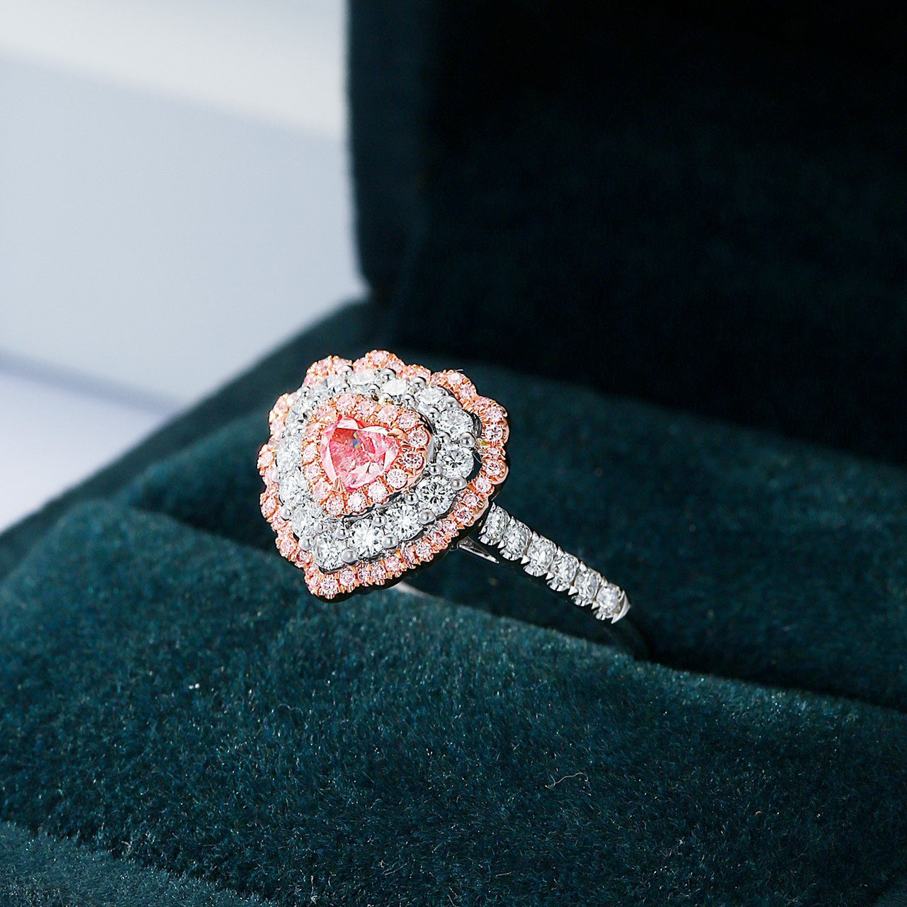 Heart Shaped Pink Diamond Halo Ring with Pavé Setting -In-Box Display