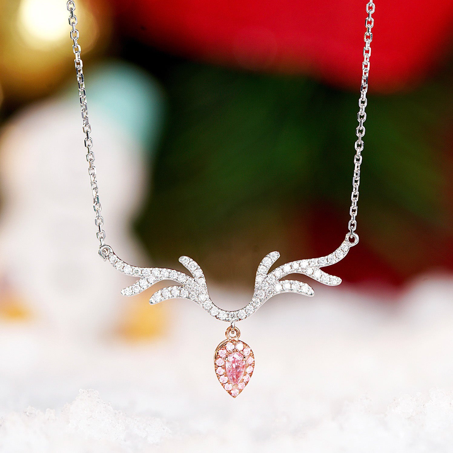 Christmas Pink Diamond Enchanted Deer Pendant in 18K White Gold -Front View