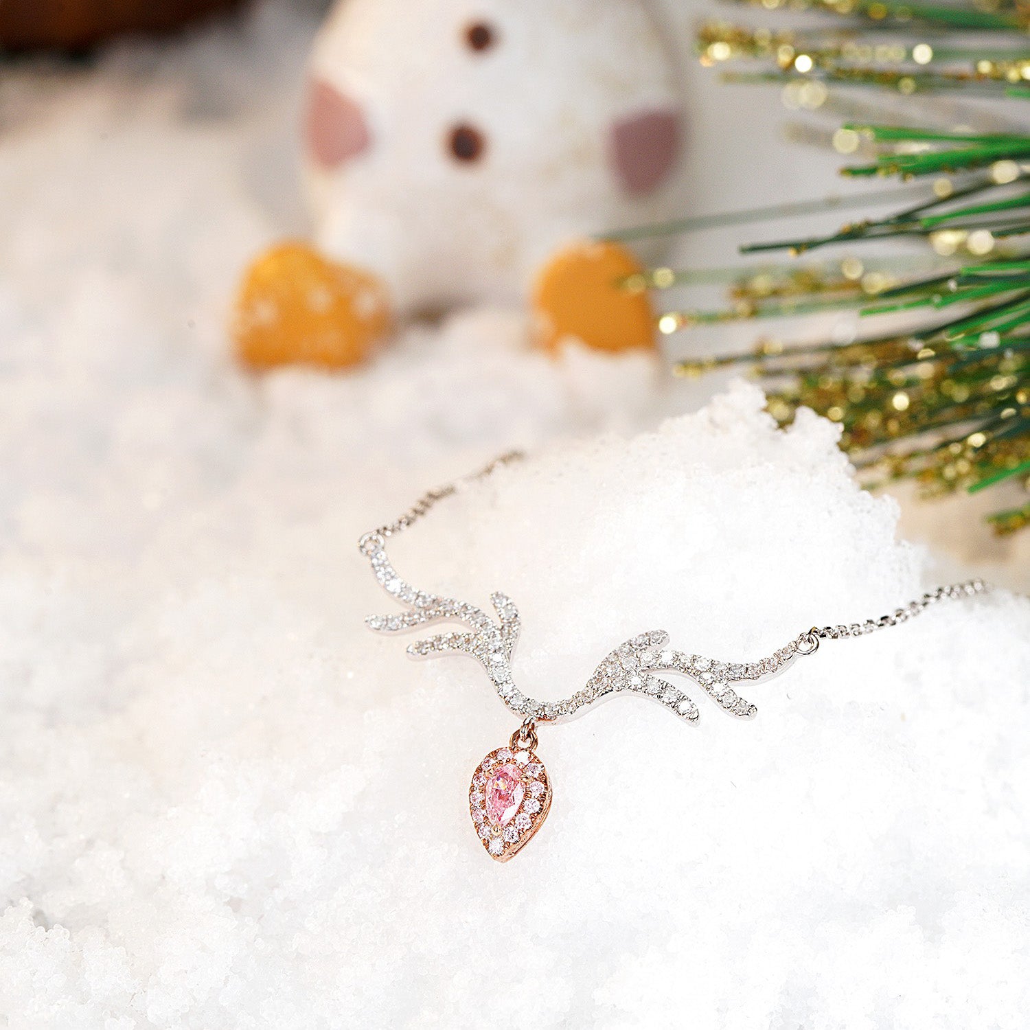 Christmas Pink Diamond Enchanted Deer Pendant in 18K White Gold -Side Angle