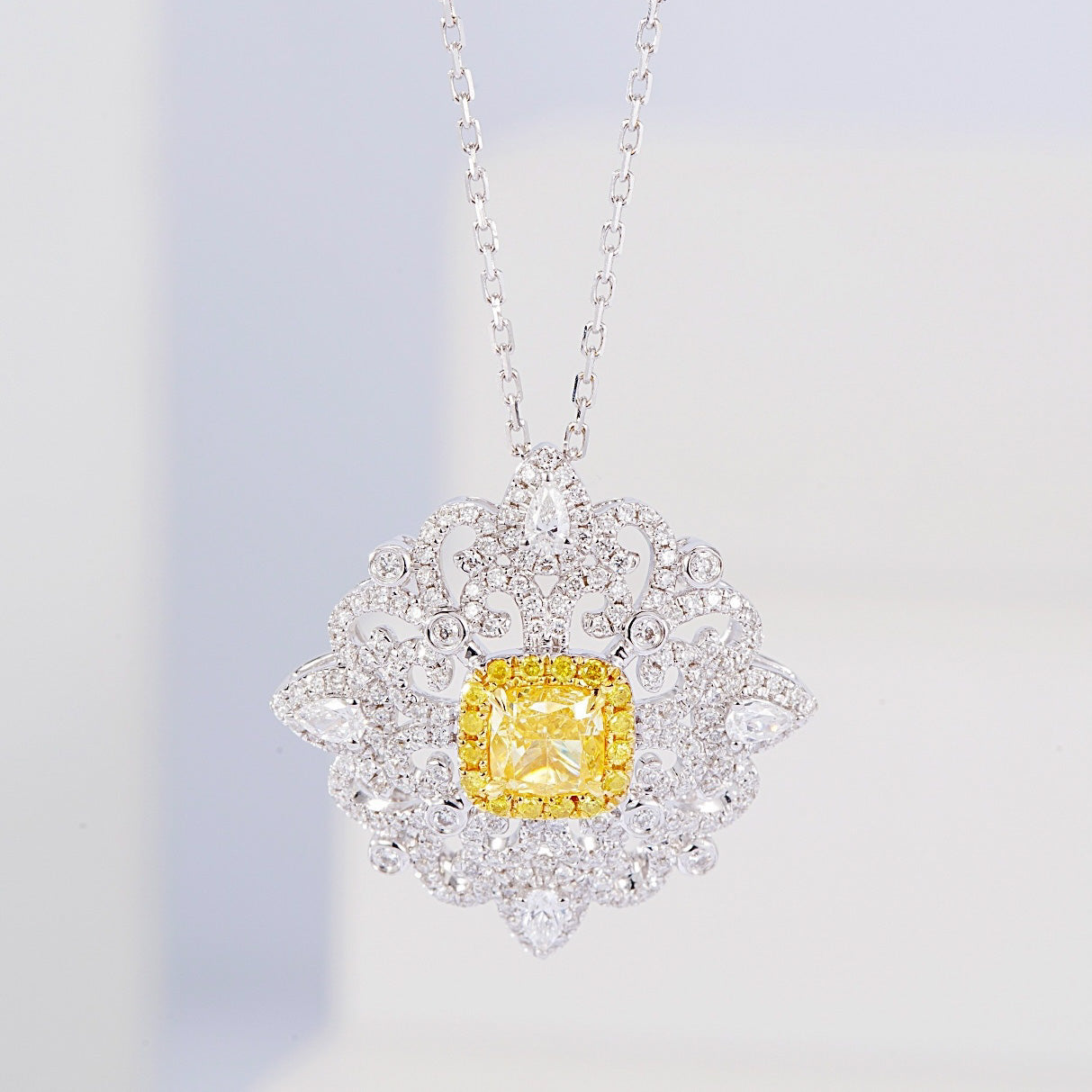 Cushion Cut Yellow Diamond Pendant with Cross Floral Diamond Setting -Front View