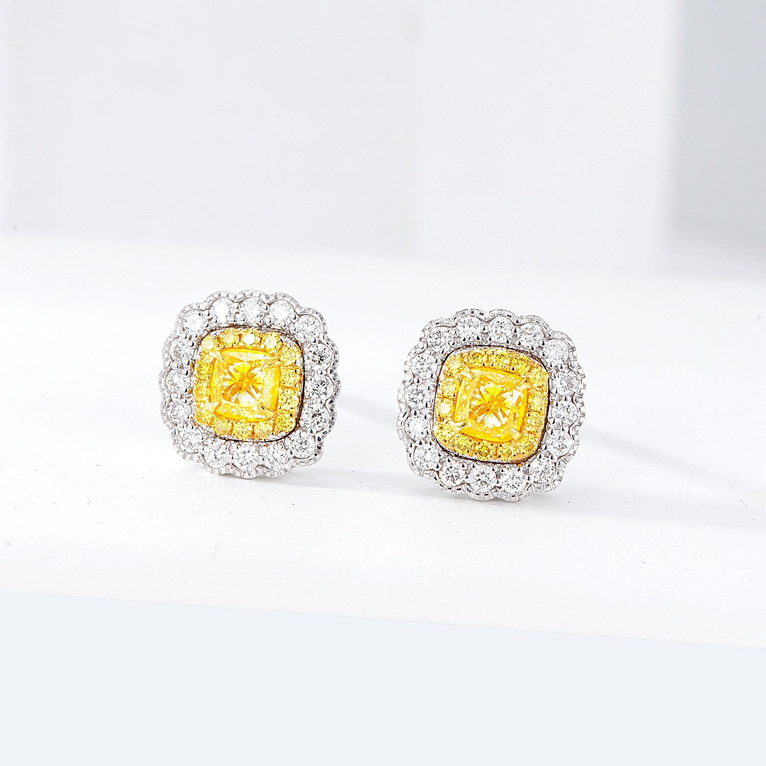 Cushion Cut Yellow Diamond Stud Earrings with Push Backs in White Gold -Front View