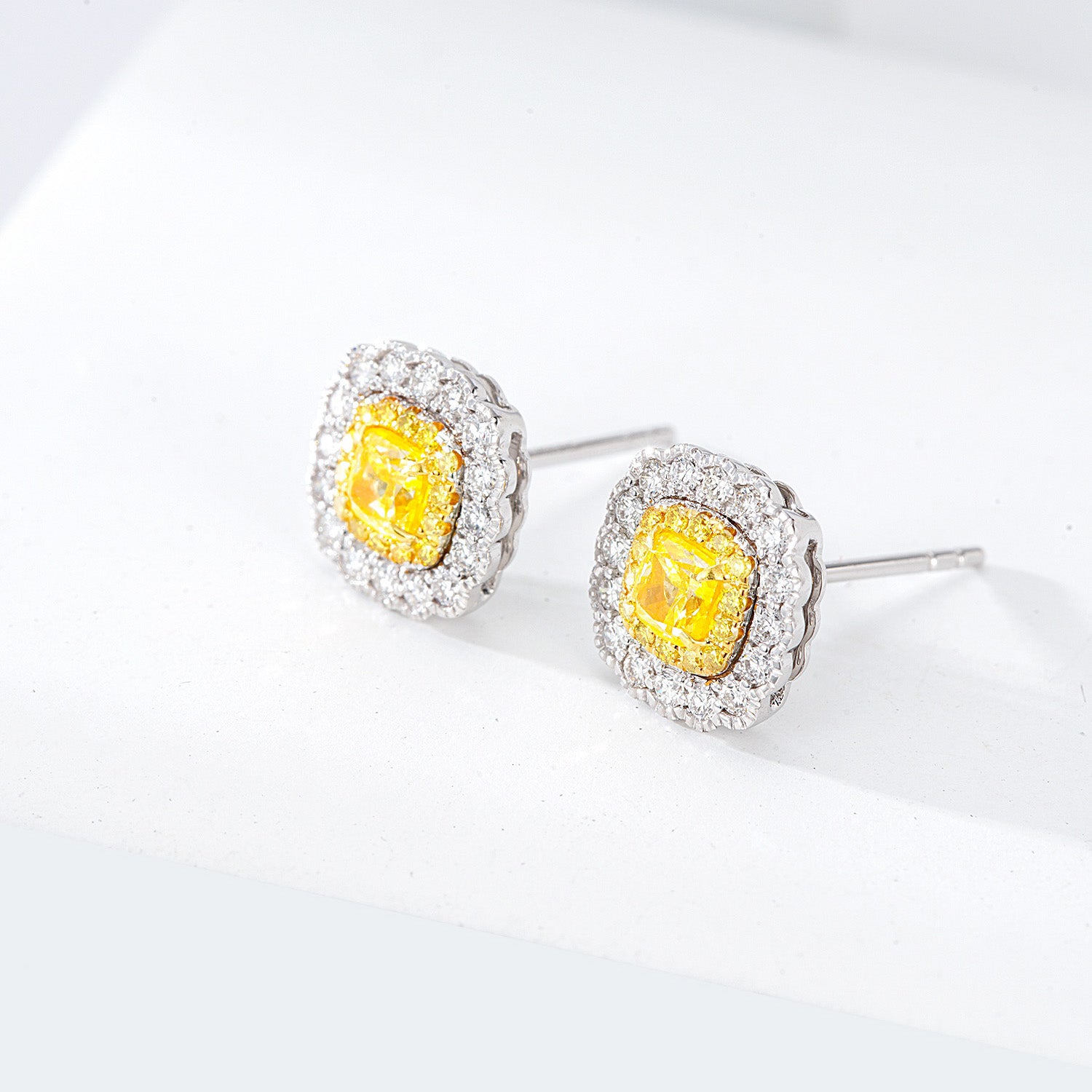 Cushion Cut Yellow Diamond Stud Earrings with Push Backs in White Gold -Side Angle