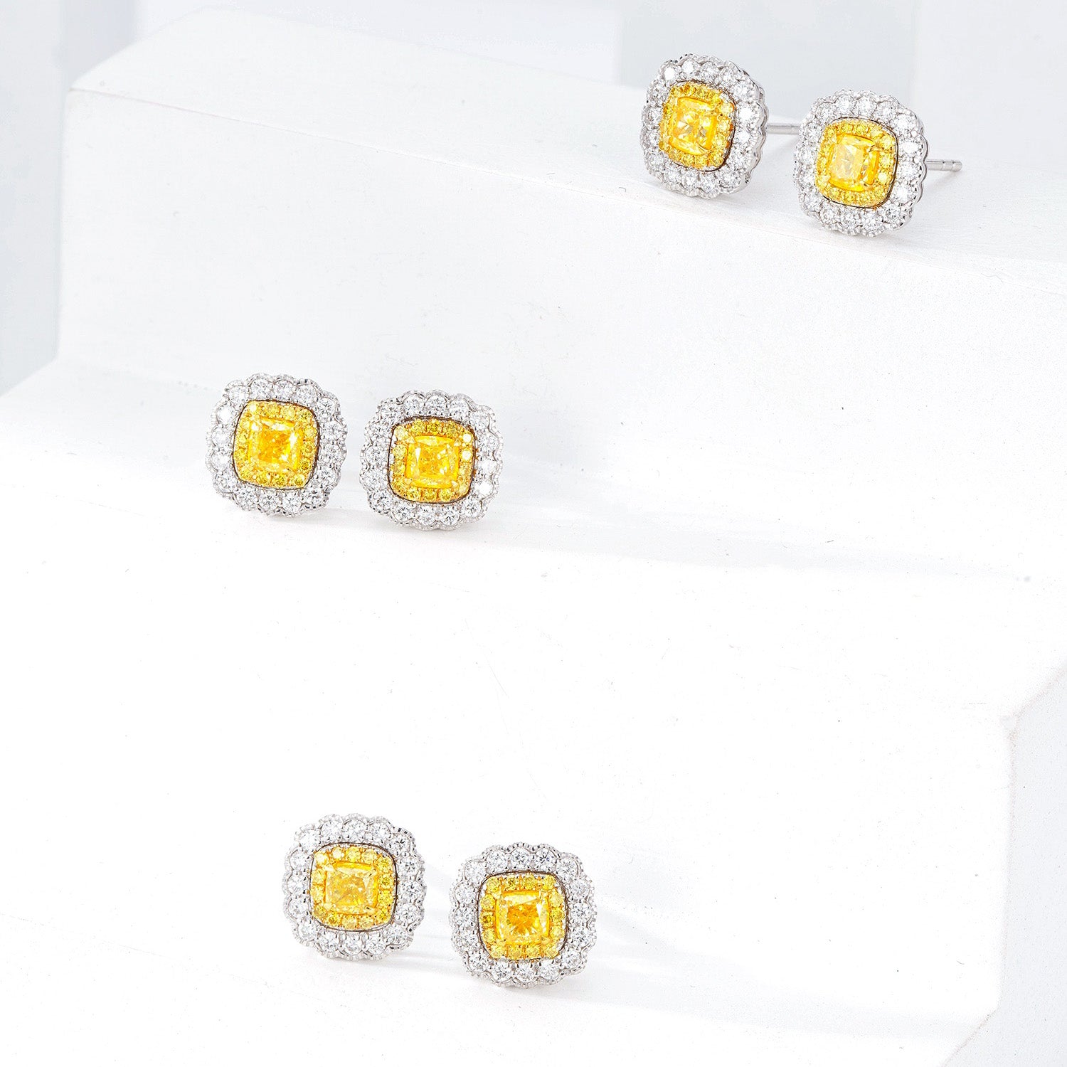 Cushion Cut Yellow Diamond Stud Earrings with Push Backs in White Gold -Top View