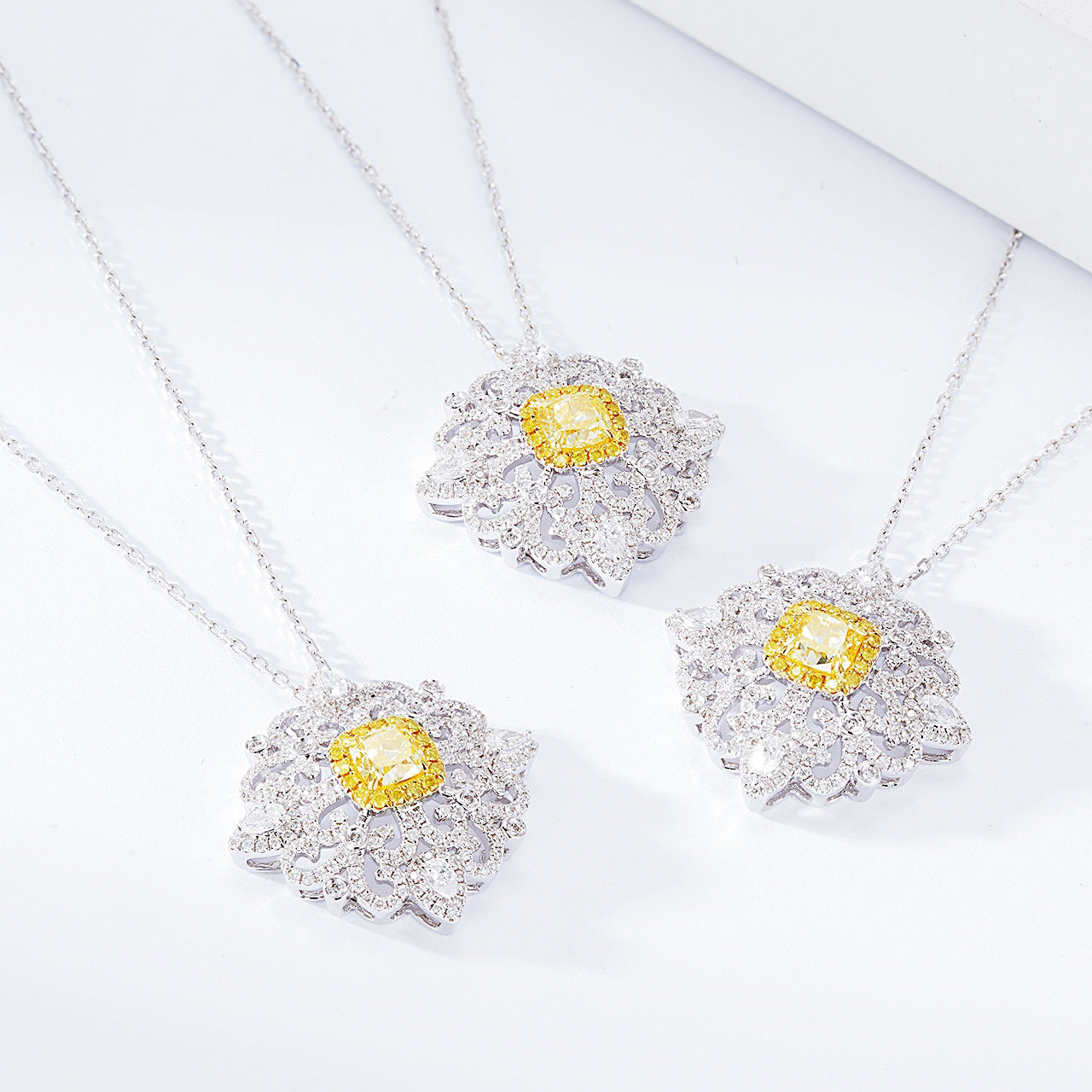 Cushion Cut Yellow Diamond Pendant with Cross Floral Diamond Setting -Top View