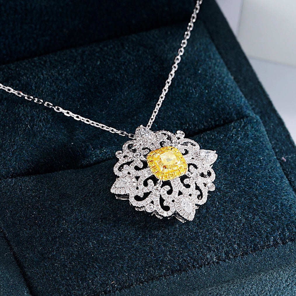 Cushion Cut Yellow Diamond Pendant with Cross Floral Diamond Setting -Perspective Close-up