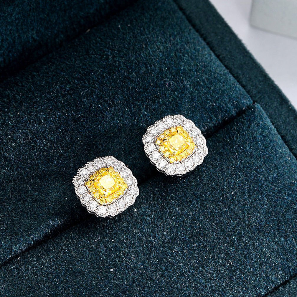 Cushion Cut Yellow Diamond Stud Earrings with Push Backs in White Gold -Perspective Close-up