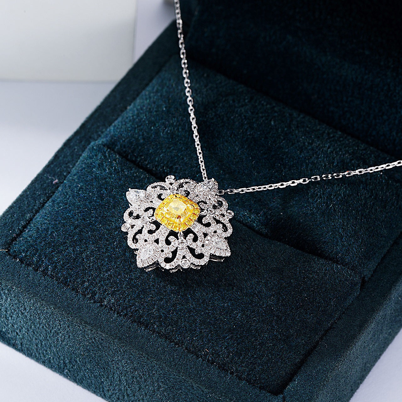 Cushion Cut Yellow Diamond Pendant with Cross Floral Diamond Setting -In-Box Display