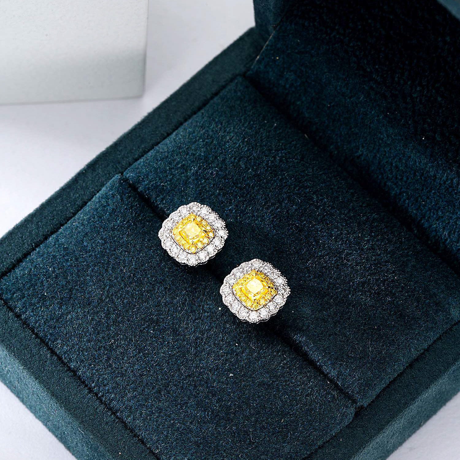 Cushion Cut Yellow Diamond Stud Earrings with Push Backs in White Gold -In-Box Display