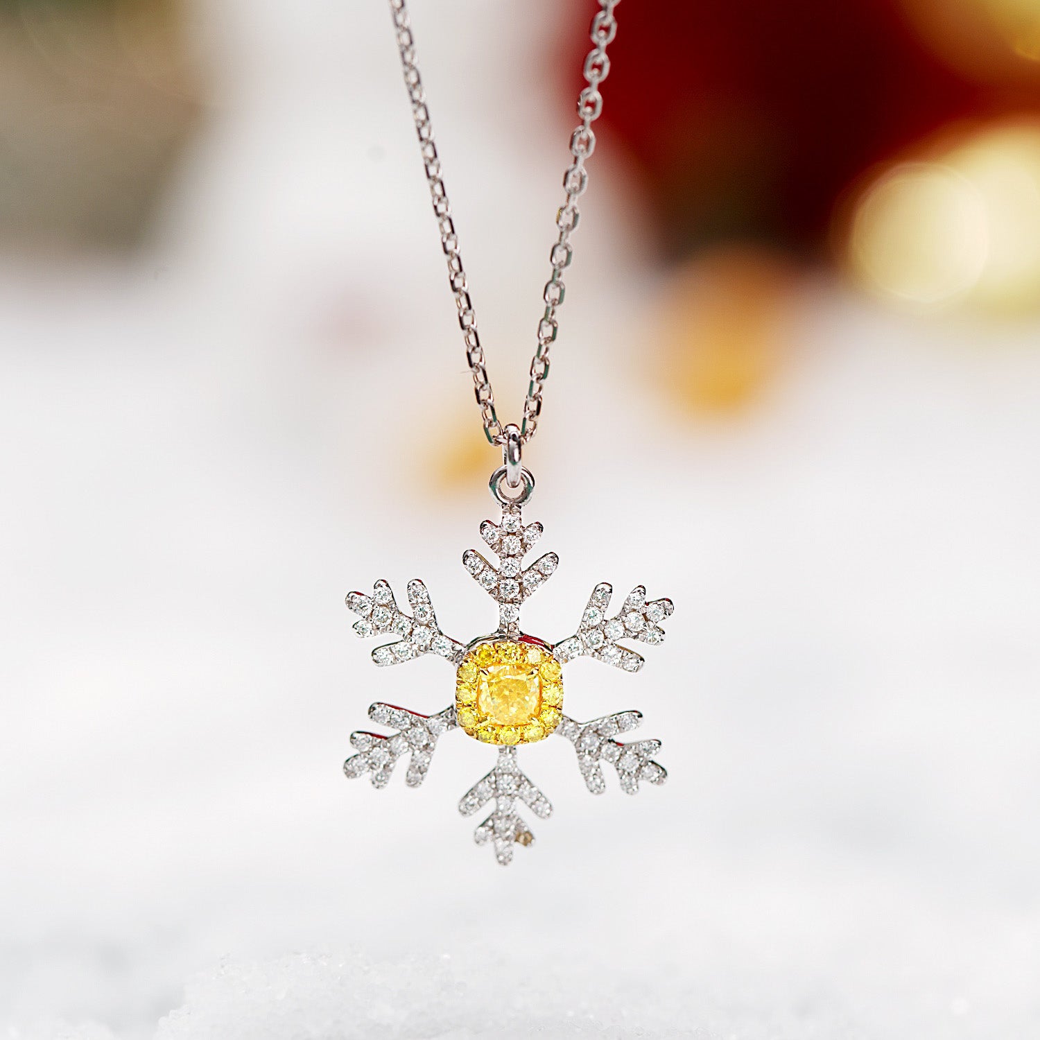 Christmas Yellow Diamond Snowflake Pendant in 18K Gold -Front View