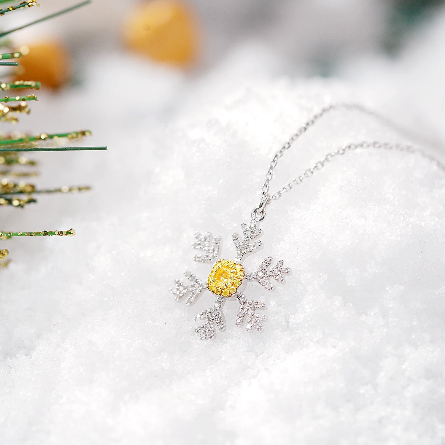 Christmas Yellow Diamond Snowflake Pendant in 18K Gold -Side Angle