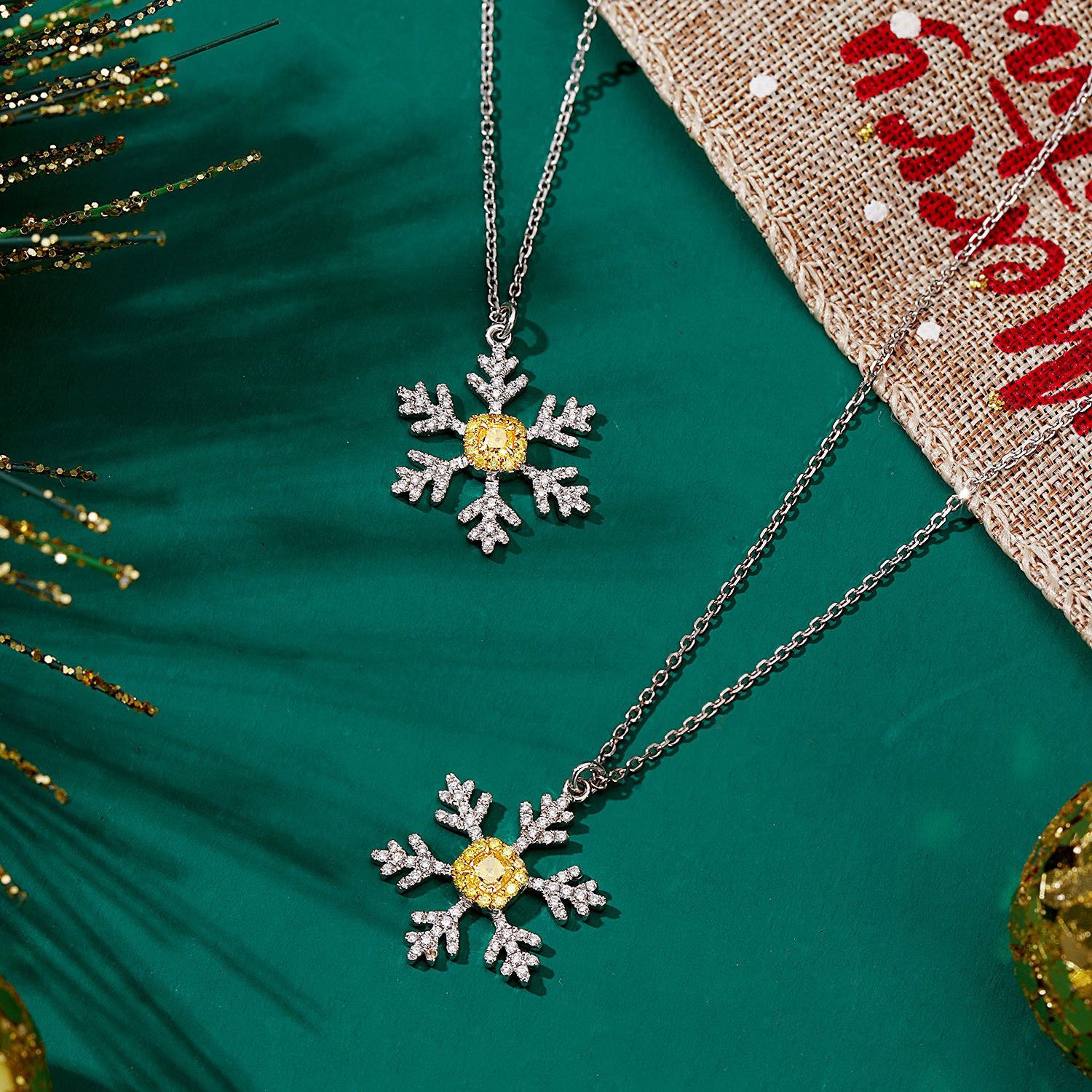 Christmas Yellow Diamond Snowflake Pendant in 18K Gold -Top View