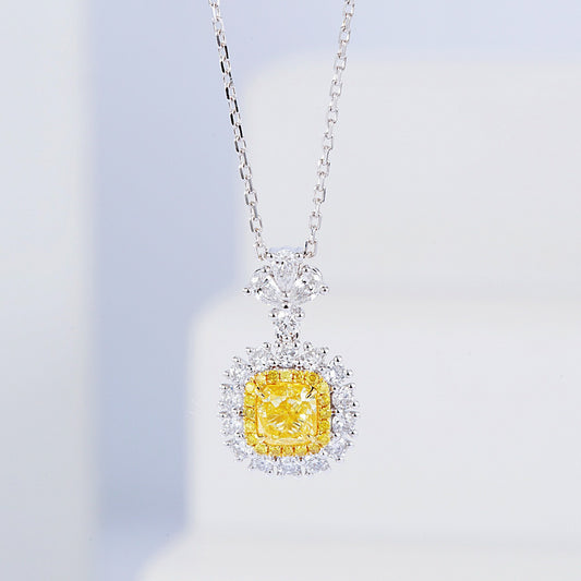 Cushion Cut Yellow Diamond Pendant with Sunflower Diamond Halo