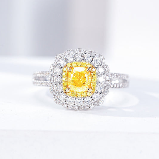 Cushion Cut Yellow Diamond Engagement Ring with Double Halo and Pavé Band