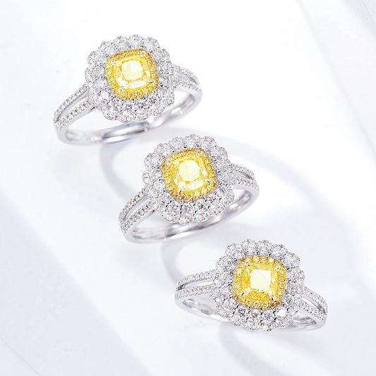 Cushion Cut Yellow Diamond Engagement Ring with Double Halo and Pavé Band