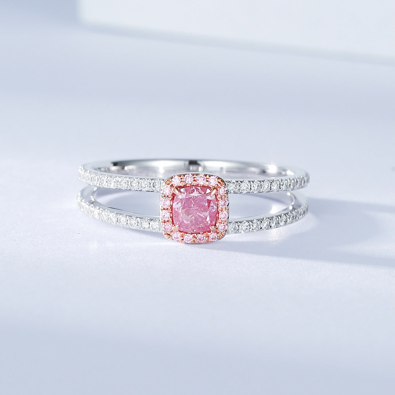 Cushion Cut Pink Diamond Double Band Ring with Pink Diamond Halo -Front View