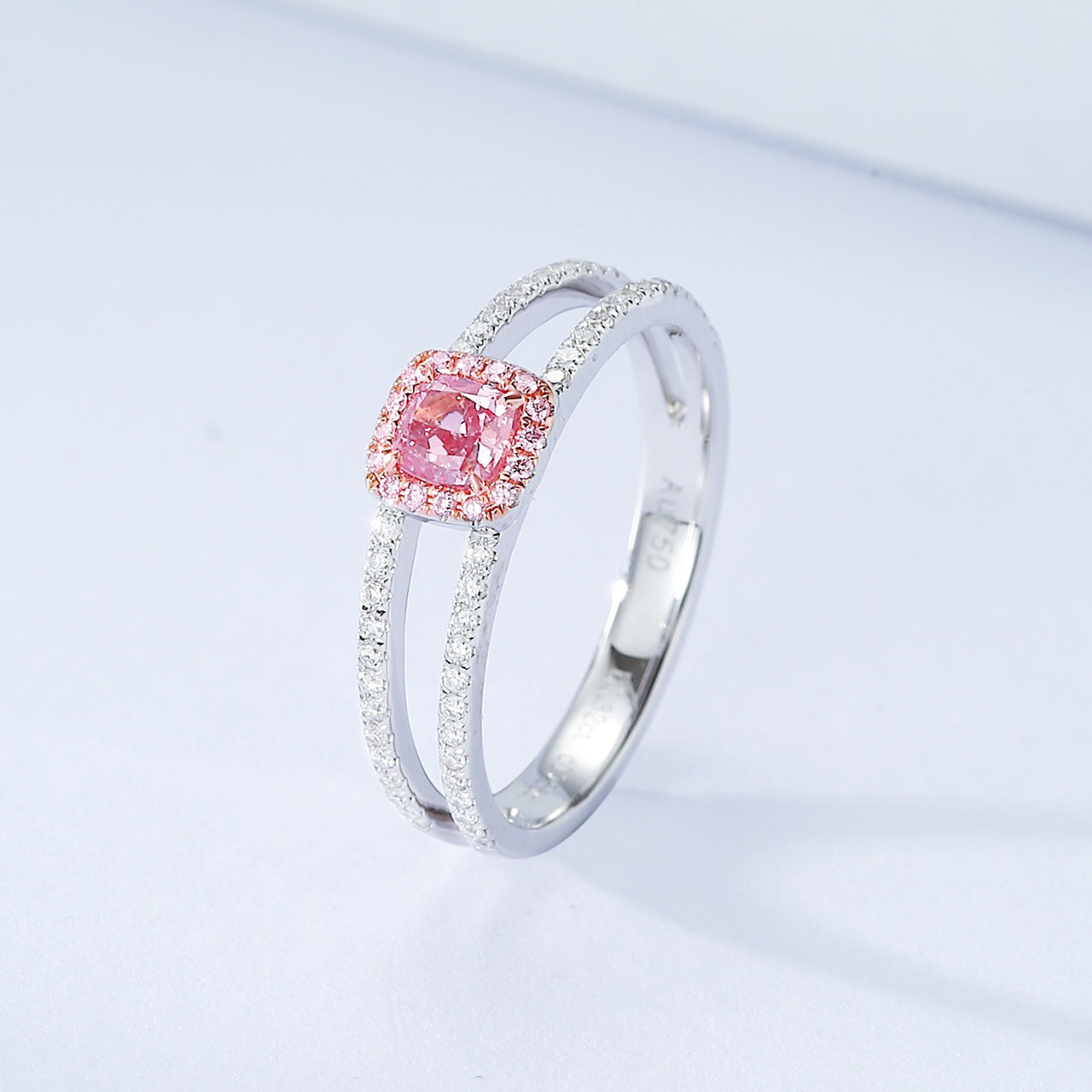 Cushion Cut Pink Diamond Double Band Ring with Pink Diamond Halo -Side Angle