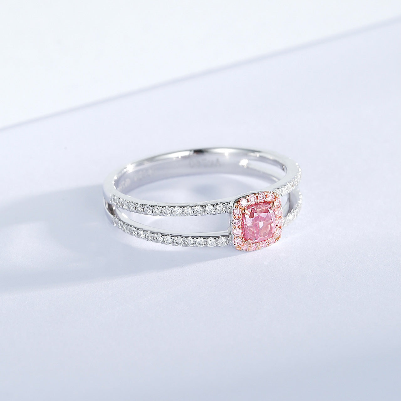 Cushion Cut Pink Diamond Double Band Ring with Pink Diamond Halo -Top View