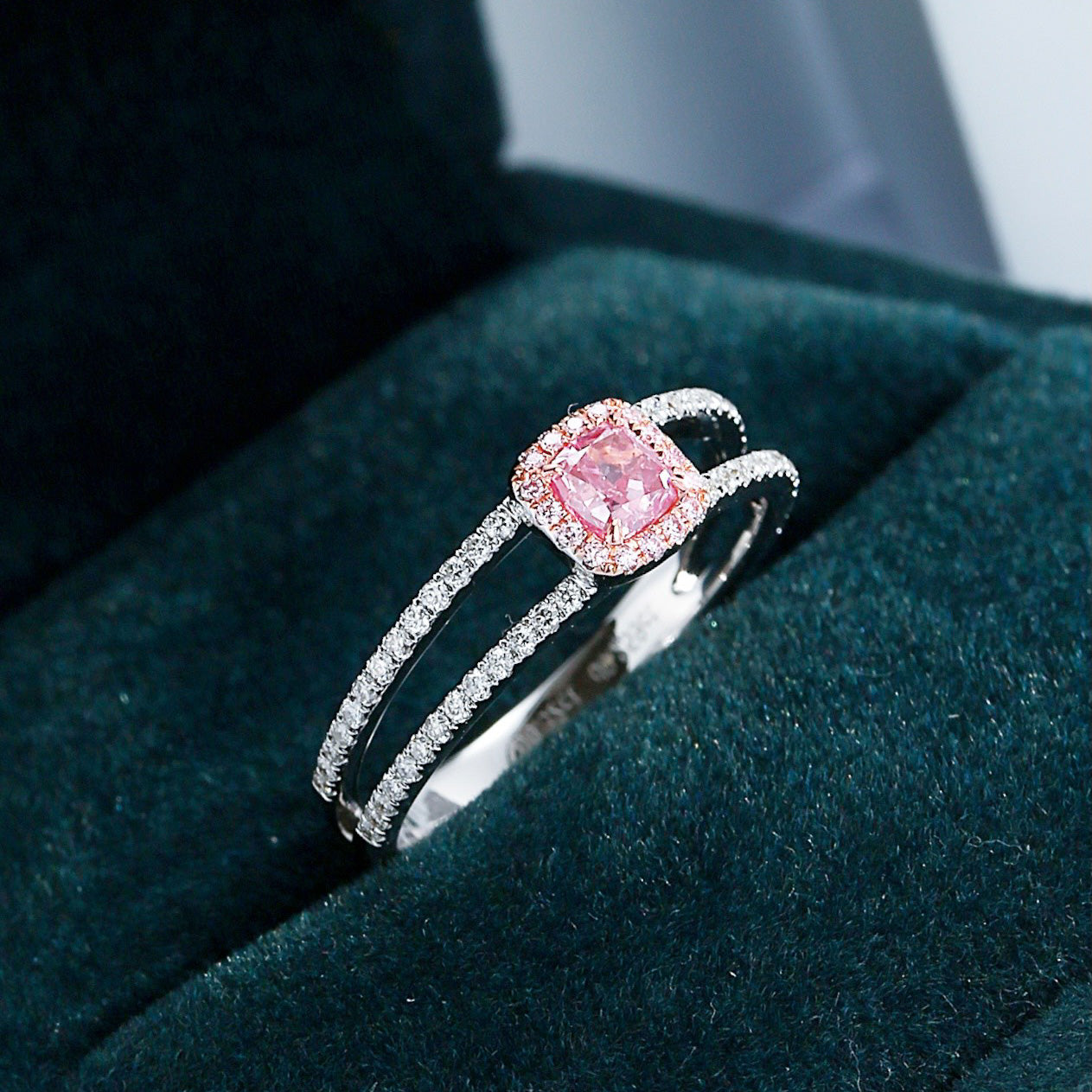 Cushion Cut Pink Diamond Double Band Ring with Pink Diamond Halo -Perspective Close-up