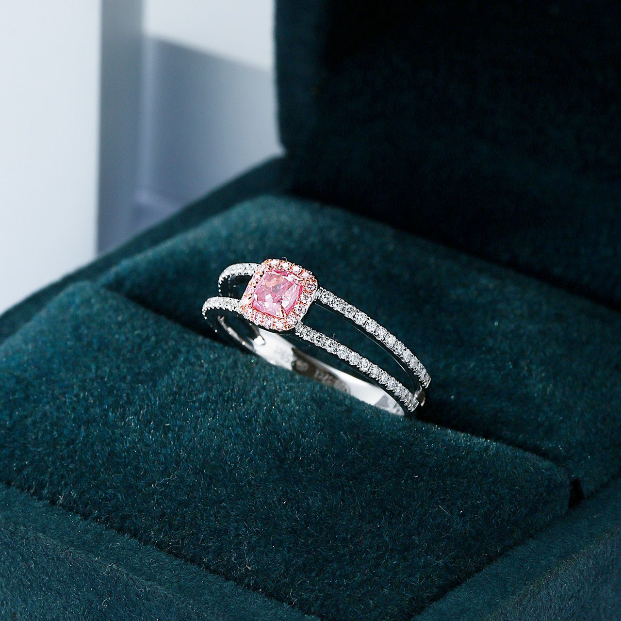 Cushion Cut Pink Diamond Double Band Ring with Pink Diamond Halo -In-Box Display