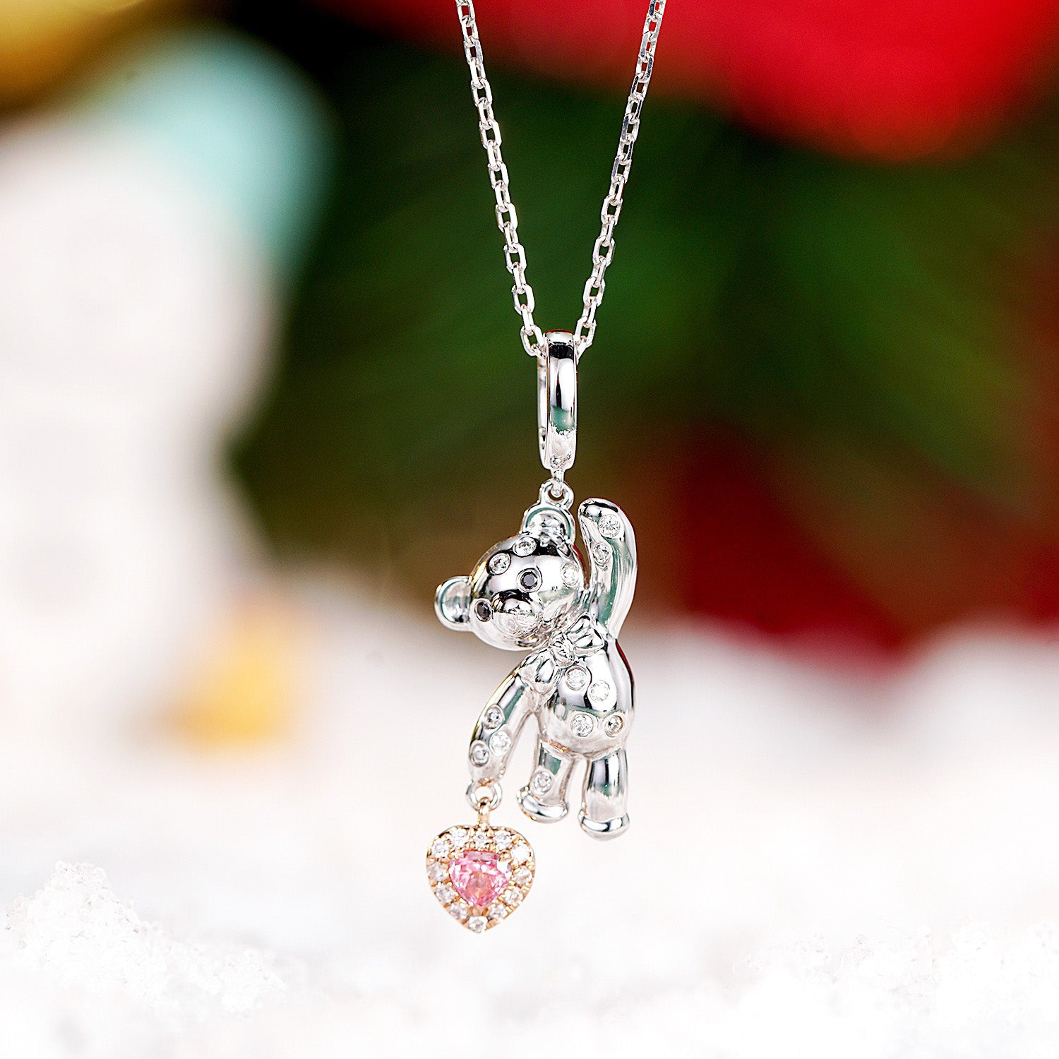 Pink Diamond Christmas 3D Bear Pendant in 18K White Gold -Front View