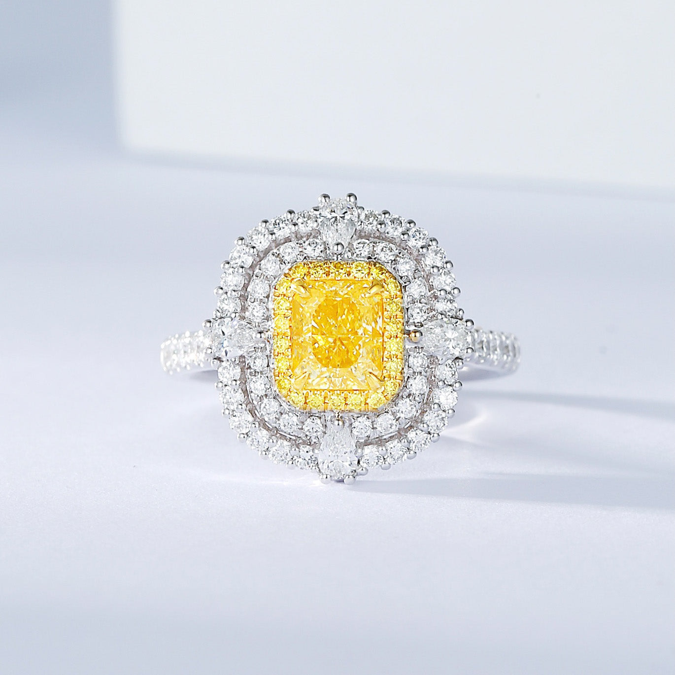 Cushion Cut Yellow Diamond Double Halo Engagement Ring with Pavé Band -Front View