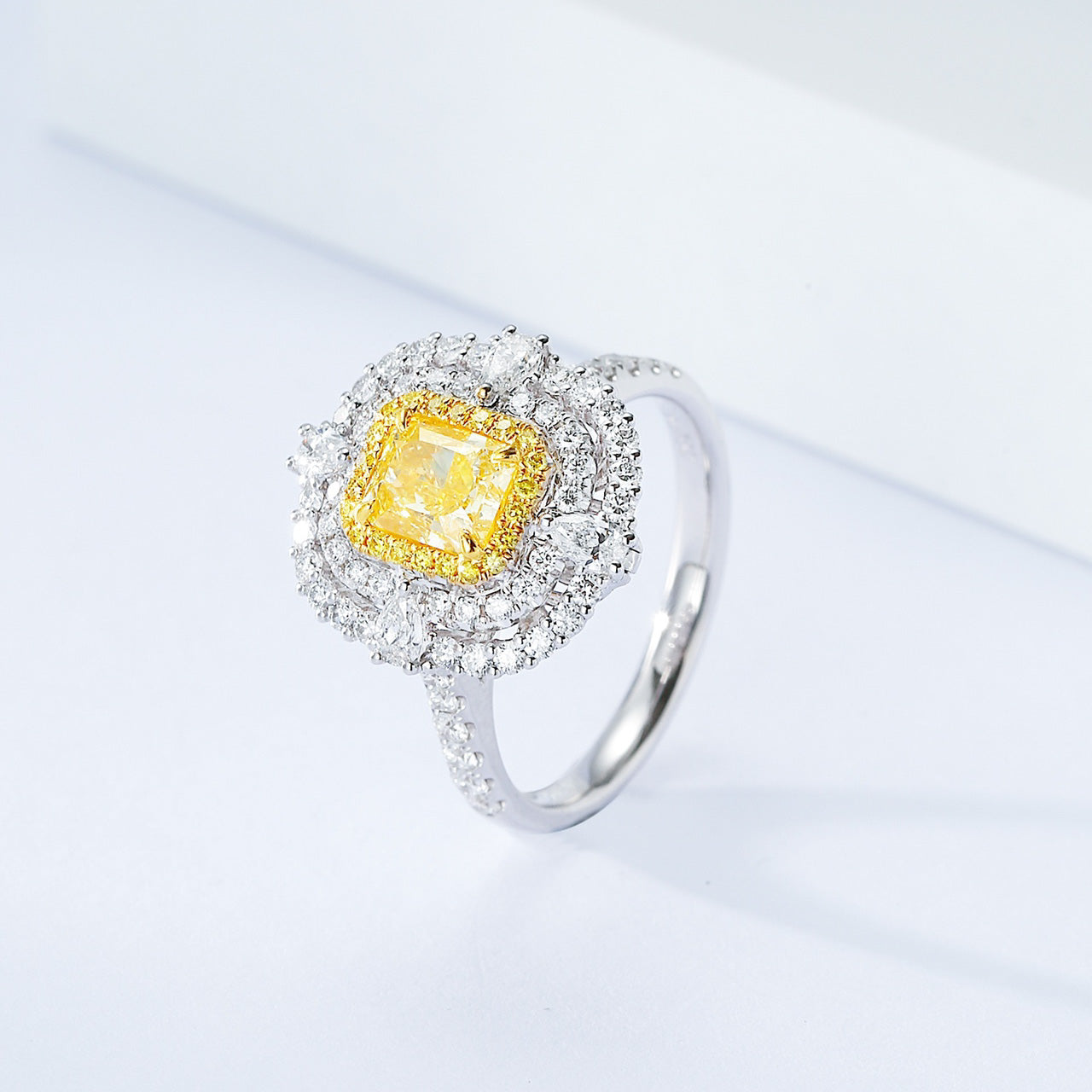 Cushion Cut Yellow Diamond Double Halo Engagement Ring with Pavé Band -Side Angle