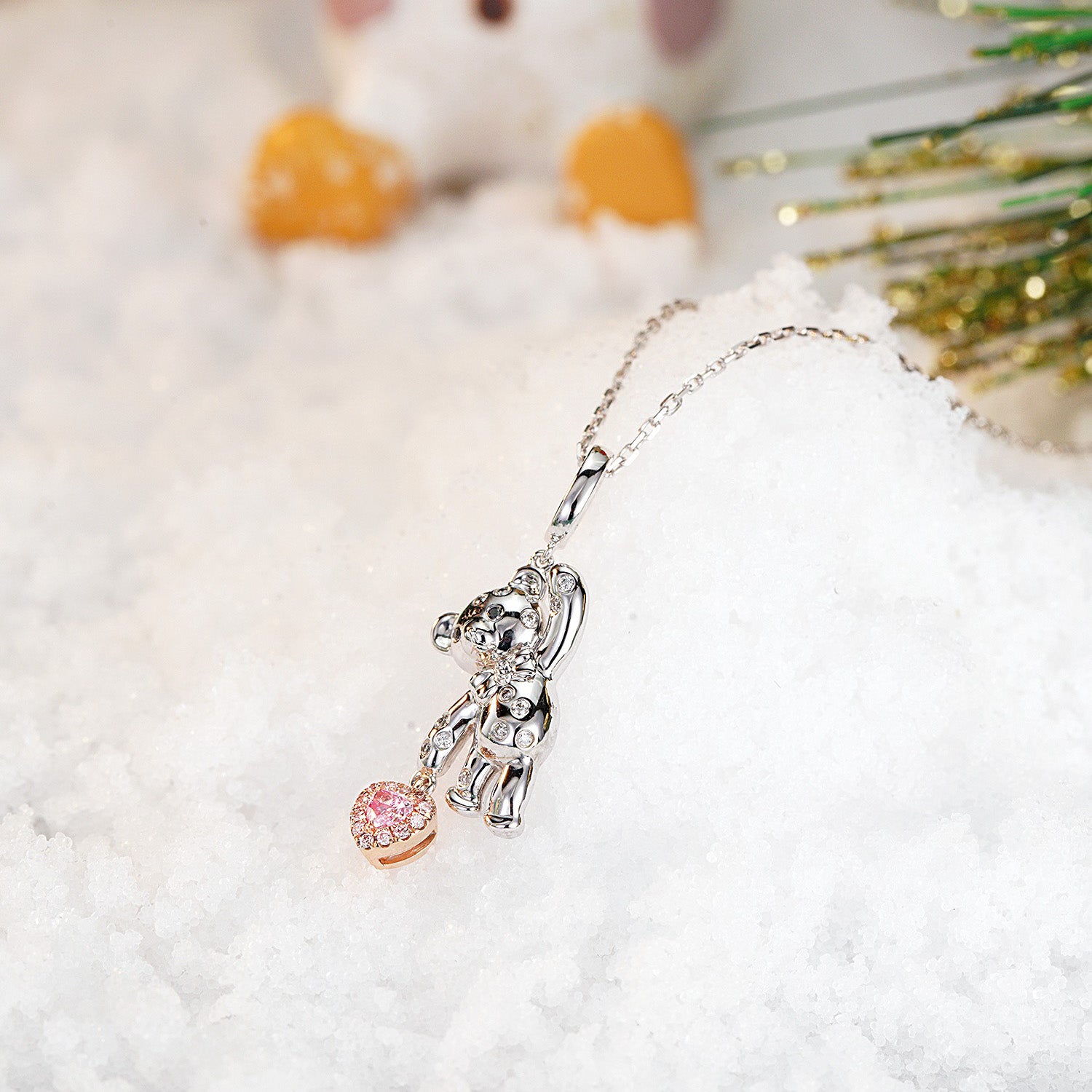 Pink Diamond Christmas 3D Bear Pendant in 18K White Gold -Side Angle