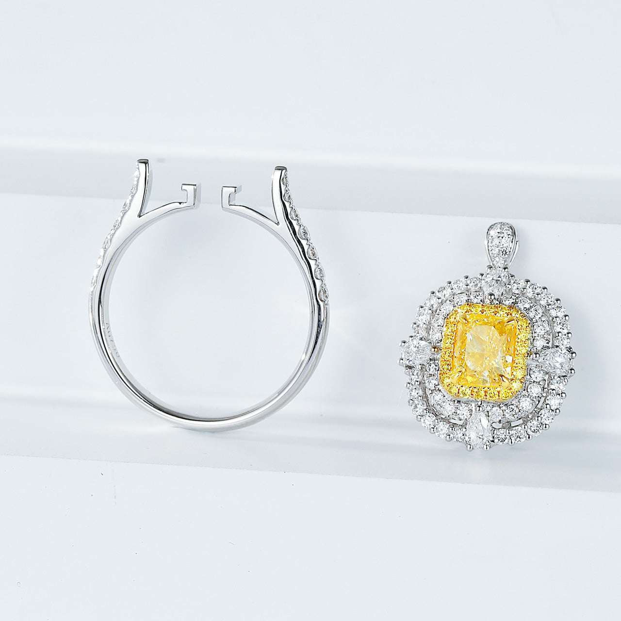 Cushion Cut Yellow Diamond Double Halo Engagement Ring with Pavé Band -Top View