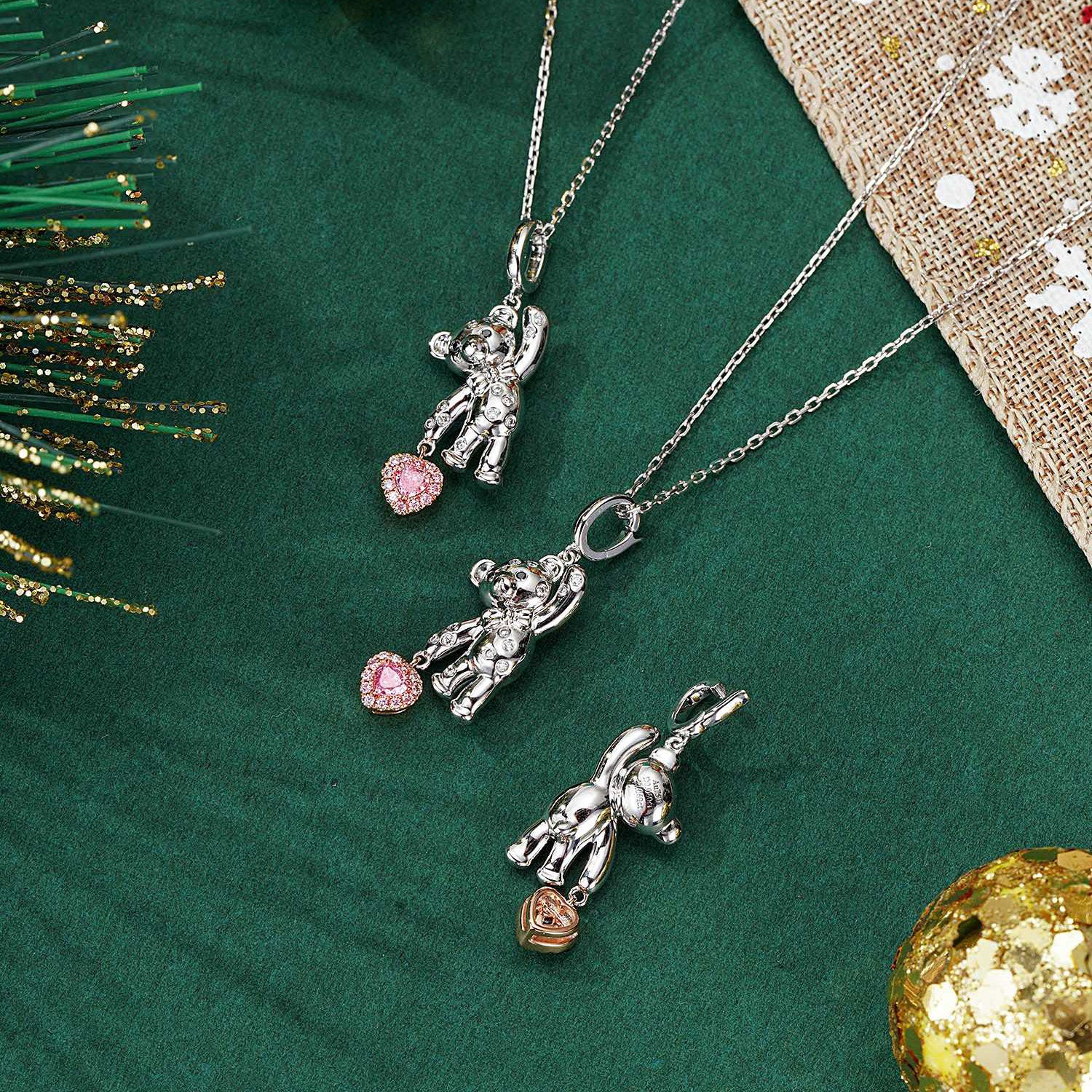 Pink Diamond Christmas 3D Bear Pendant in 18K White Gold -Top View